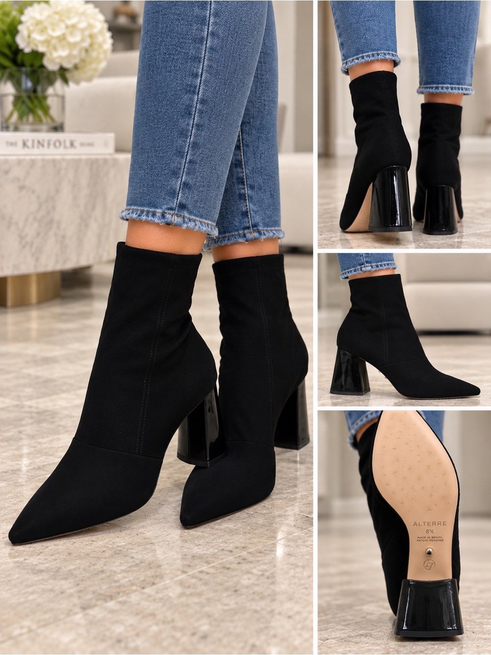 Alterre Black Suede Pointed Toe Sock Ankle Boots Shiny Block Heel 8.5.